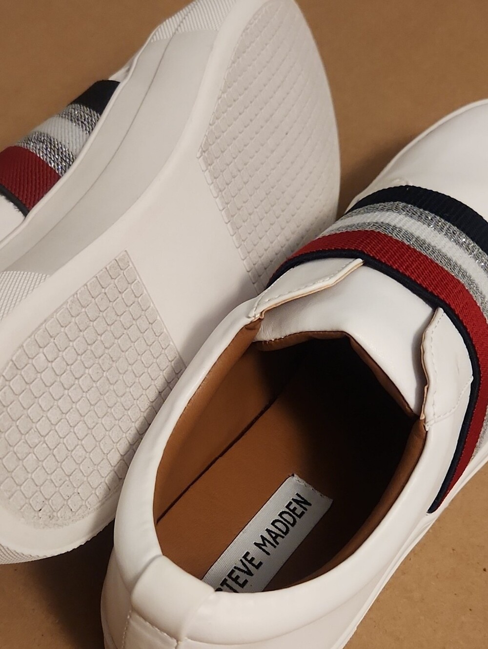 Steve Madden White Slip-On Sneakers with Red and Navy Stripes